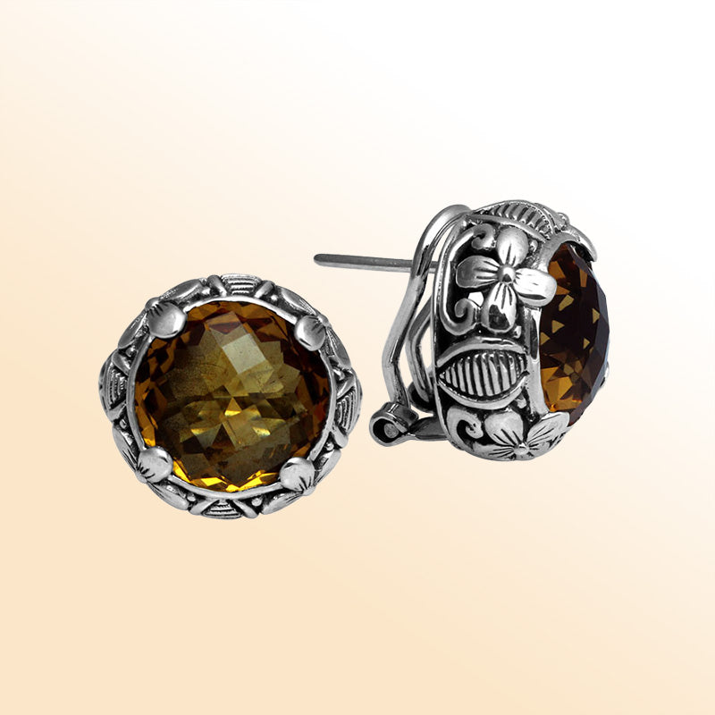 Sterling silver ornate Citrine Quartz floral crown Omega Clip earrings with polished finish.