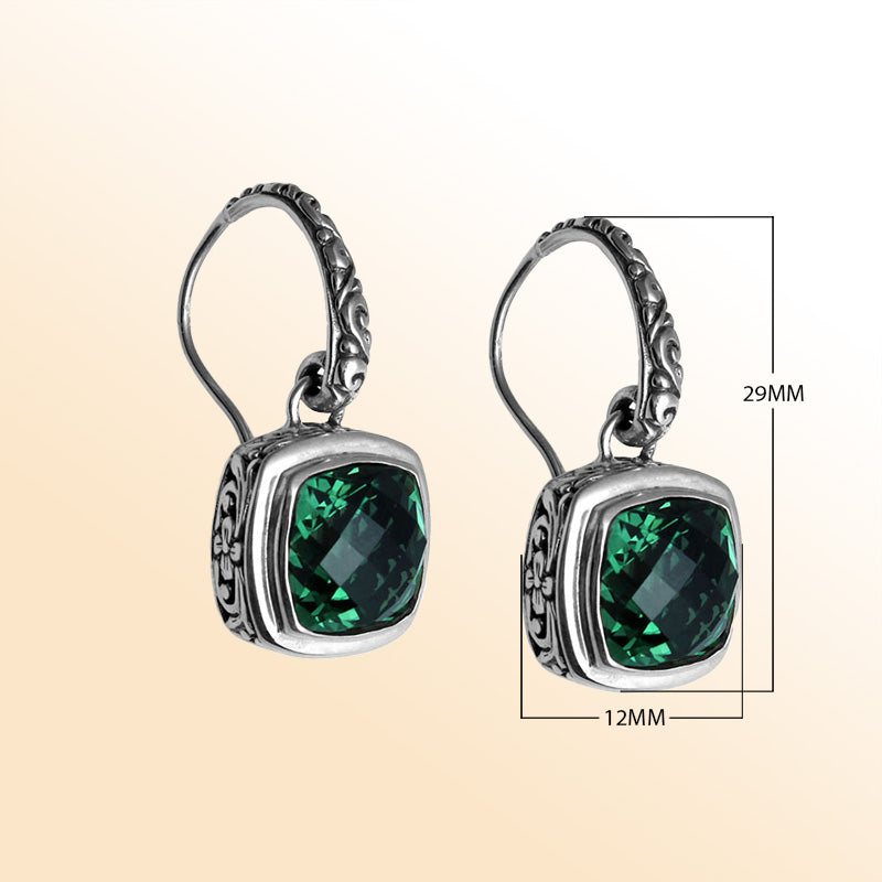 Sterling silver artisan Green Quartz cushion drop earrings with ornate detailing and earwire lock.