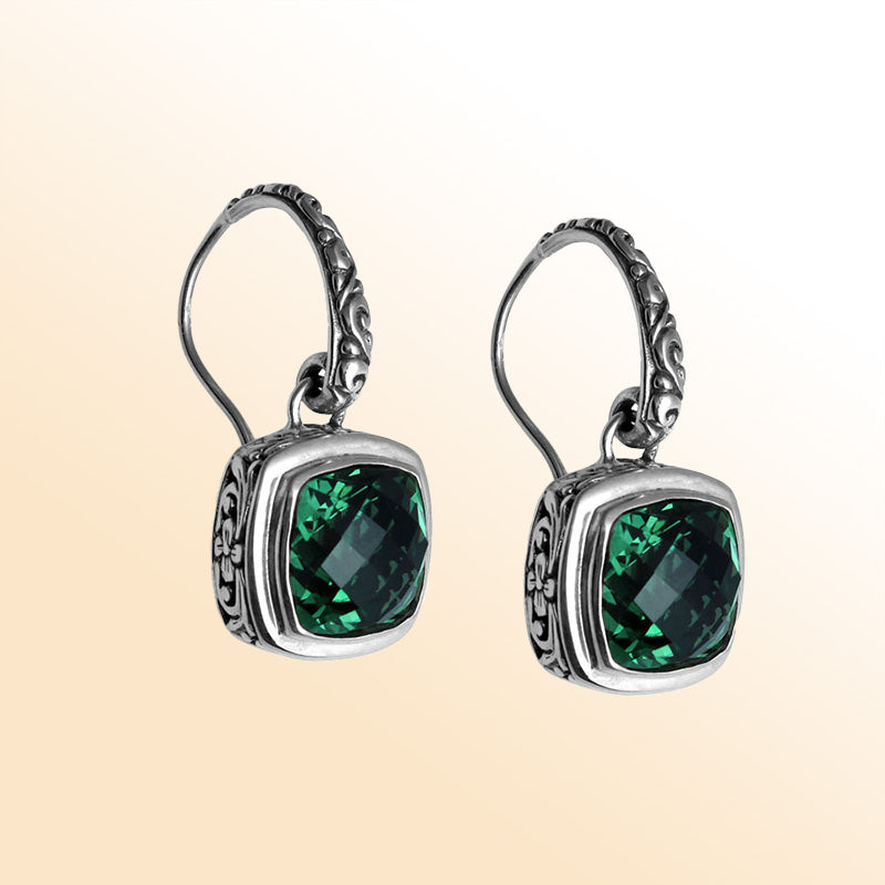 Sterling silver artisan Green Quartz cushion drop earrings with ornate detailing and earwire lock.