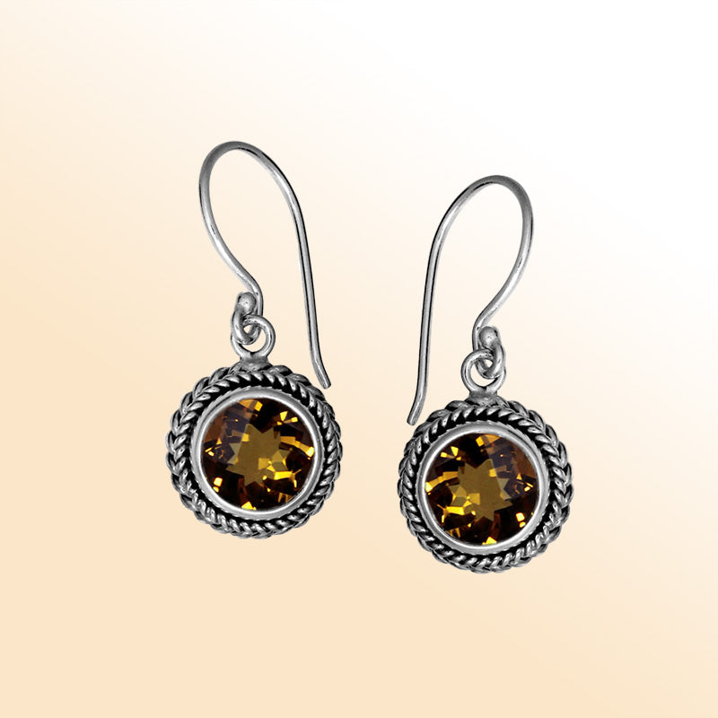 Sterling silver artisan Citrine Quartz braided-frame drop earrings with polished finish and earwire lock.
