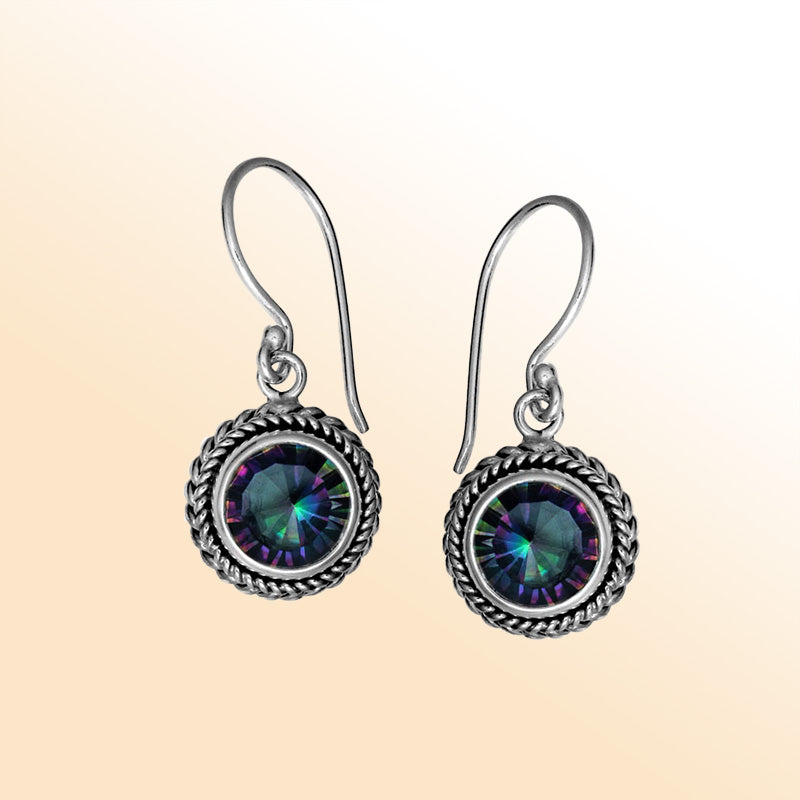 Sterling silver Mystic Quartz braided-frame drop earrings with polished finish and earwire lock.