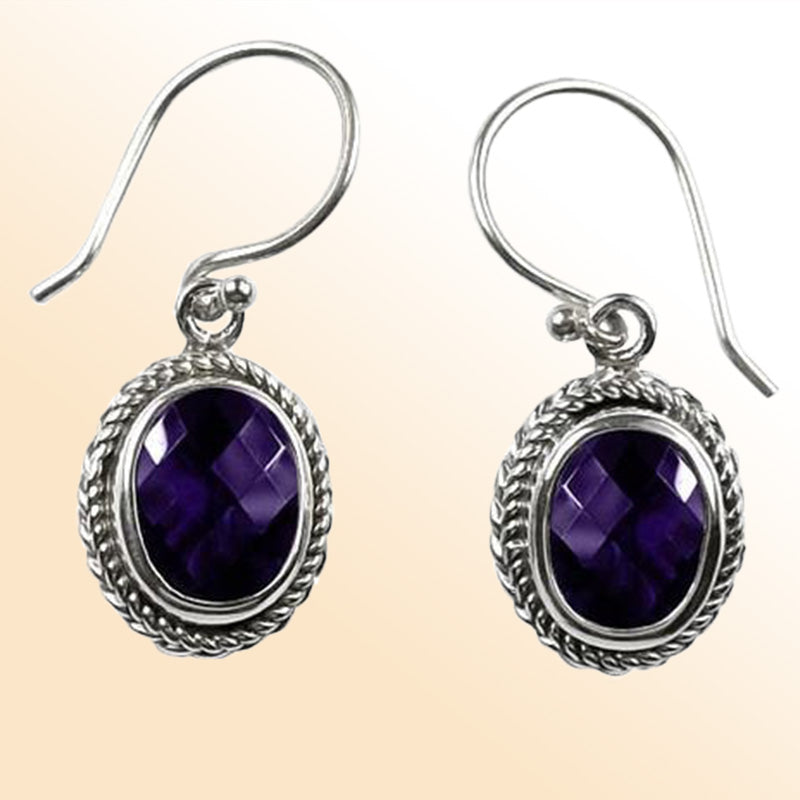 Sterling silver Amethyst Quartz oval rope-frame drop earrings with polished finish and earwire lock.