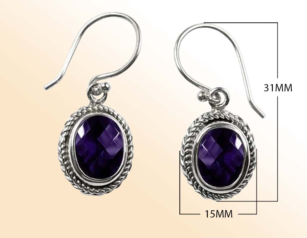 Sterling silver Amethyst Quartz oval rope-frame drop earrings with polished finish and earwire lock.