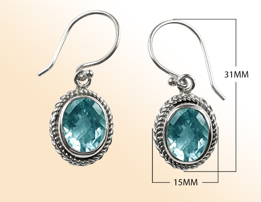 Sterling silver Blue Topaz Quartz oval rope-frame drop earrings with polished finish and earwire.