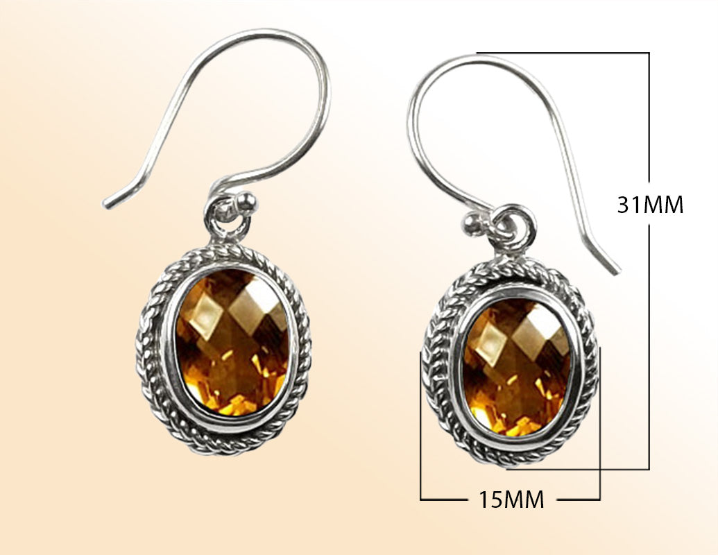 Sterling silver Citrine Quartz oval rope-frame drop earrings with polished finish and earwire.
