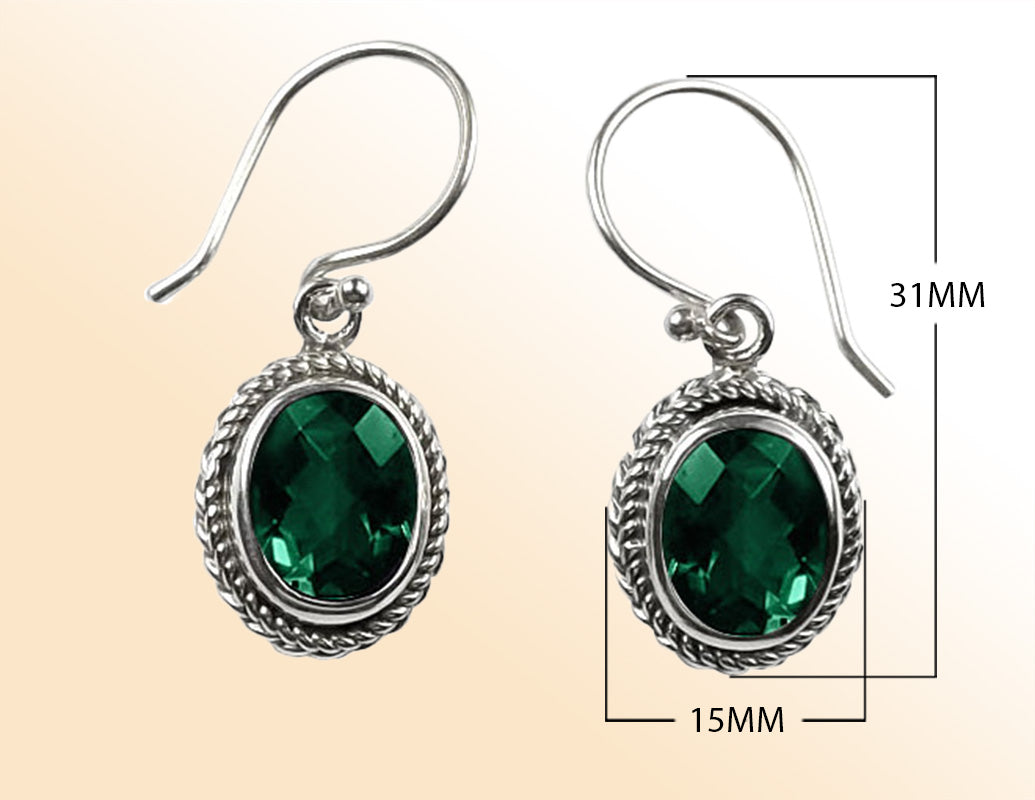 Sterling silver artisan Green Quartz rope-frame oval drop earrings.