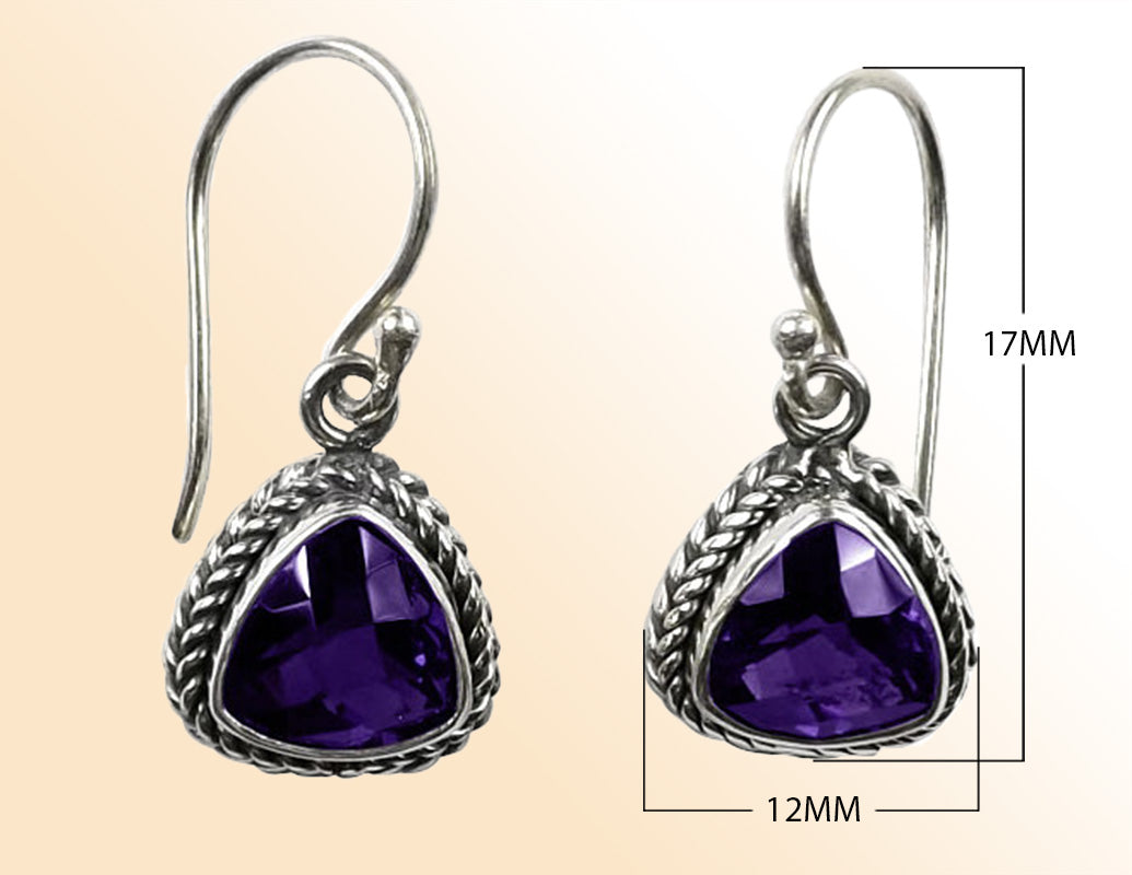 Sterling silver artisan Amethyst Quartz trillion rope-frame drop earrings.