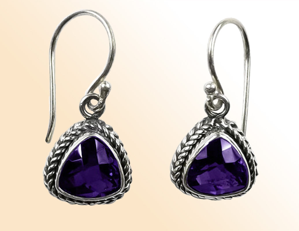 Sterling silver artisan Amethyst Quartz trillion rope-frame drop earrings.