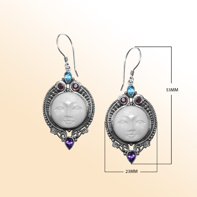 Sterling Silver moon face earrings with colorful Quartz accents