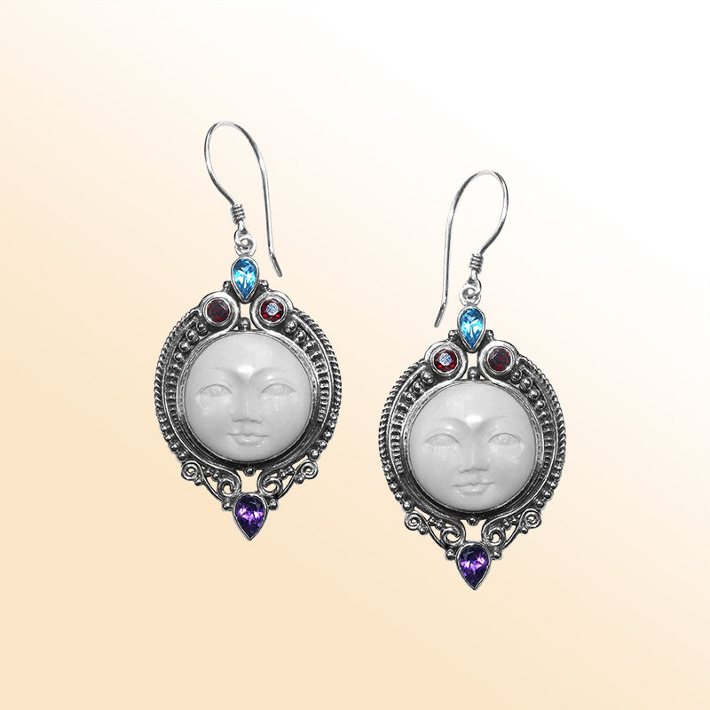 Sterling Silver moon face earrings with colorful Quartz accents