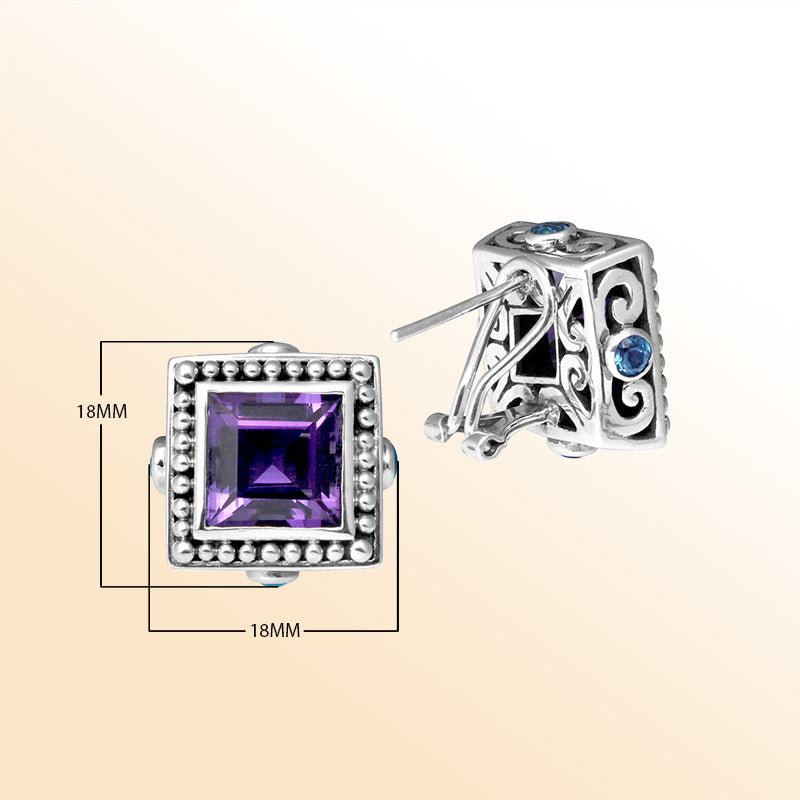 Artistic Sterling Silver square earrings with Amethyst and Blue Topaz Quartz