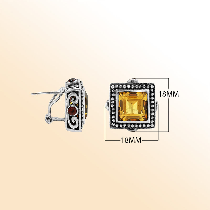 Artistic Sterling Silver square earrings with Citrine and Garnet Quartz