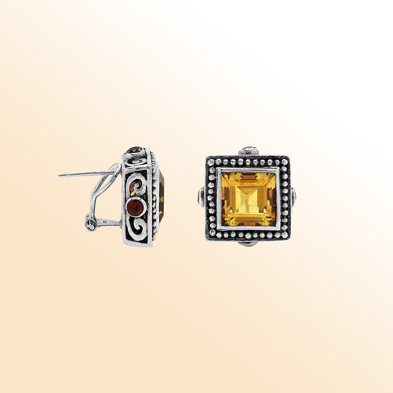 Artistic Sterling Silver square earrings with Citrine and Garnet Quartz
