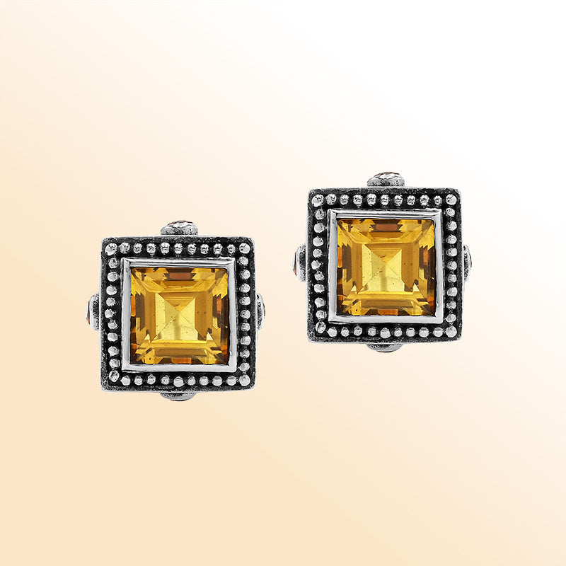 Artistic Sterling Silver square earrings with Citrine and Garnet Quartz