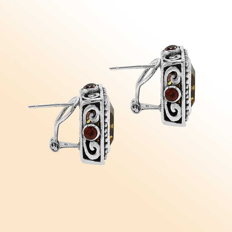 Artistic Sterling Silver square earrings with Citrine and Garnet Quartz