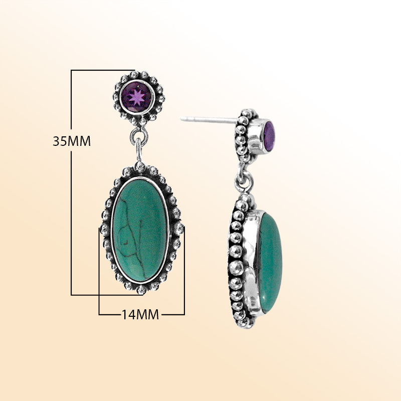 Handcrafted sterling silver turquoise shell and amethyst quartz oval statement earrings