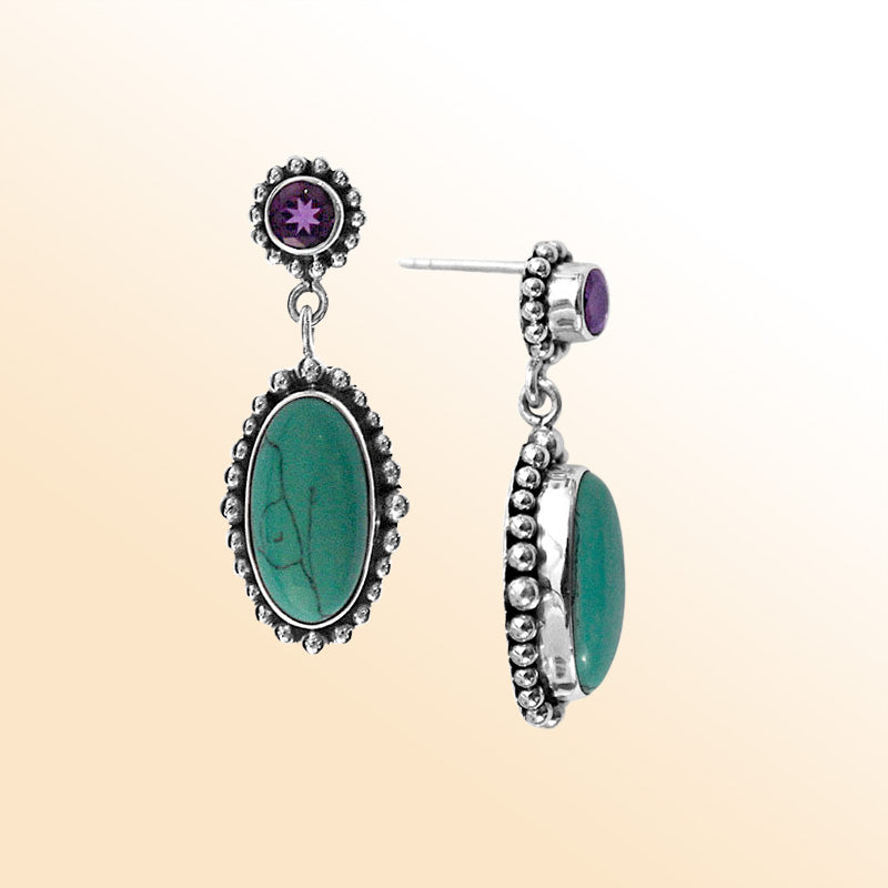 Handcrafted sterling silver turquoise shell and amethyst quartz oval statement earrings