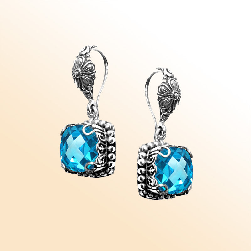 Blue Topaz Quartz floral Sterling Silver cushion earrings
