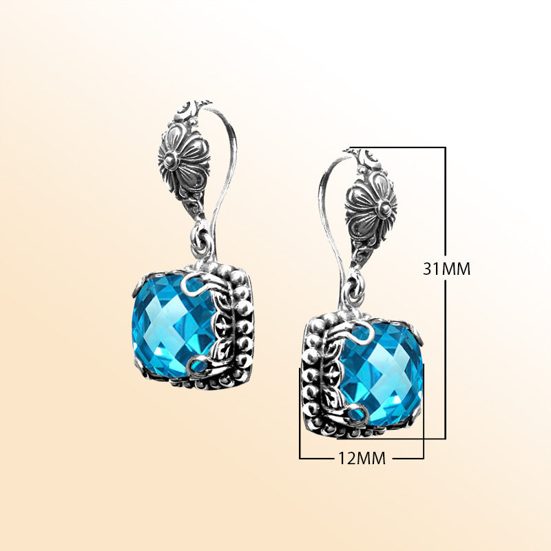 Blue Topaz Quartz floral Sterling Silver cushion earrings