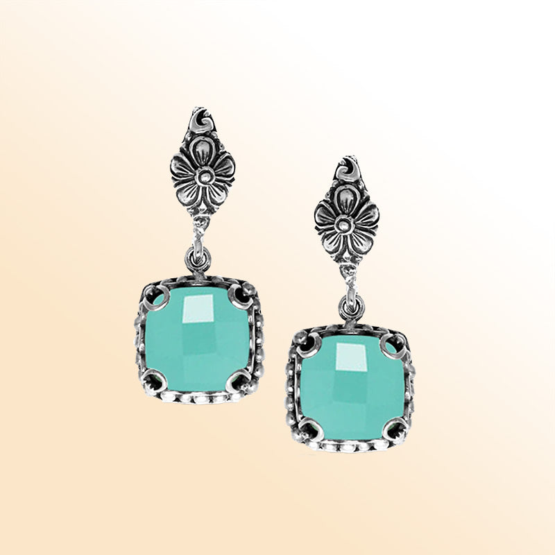 Green Chalcedony Quartz floral Sterling Silver cushion earrings