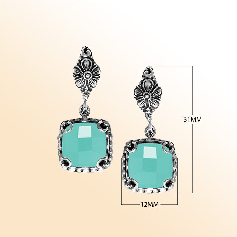 Green Chalcedony Quartz floral Sterling Silver cushion earrings