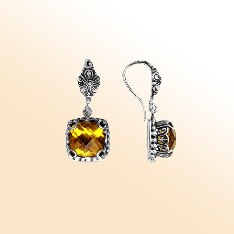 Citrine Quartz floral Sterling Silver cushion earrings