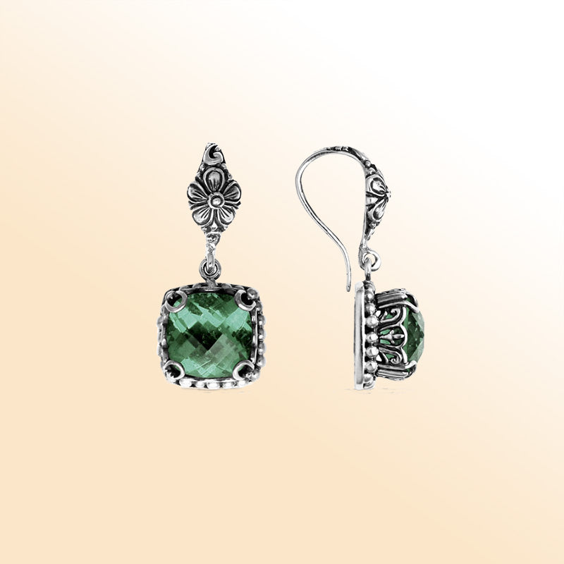 Green Amethyst Quartz floral Sterling Silver cushion earrings
