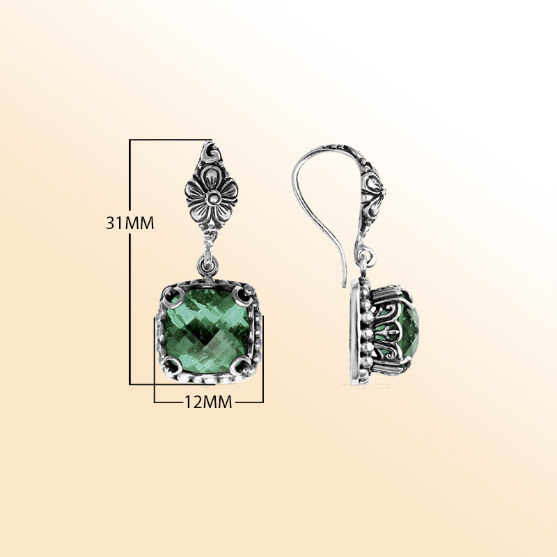 Green Amethyst Quartz floral Sterling Silver cushion earrings