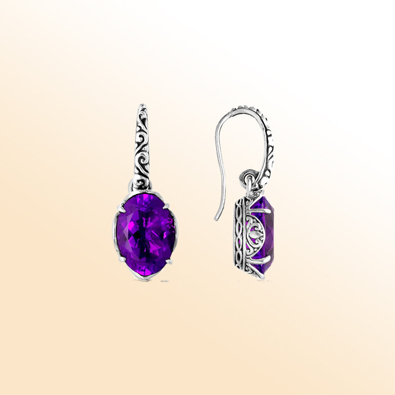 Amethyst Quartz scroll-design Sterling Silver oval earrings