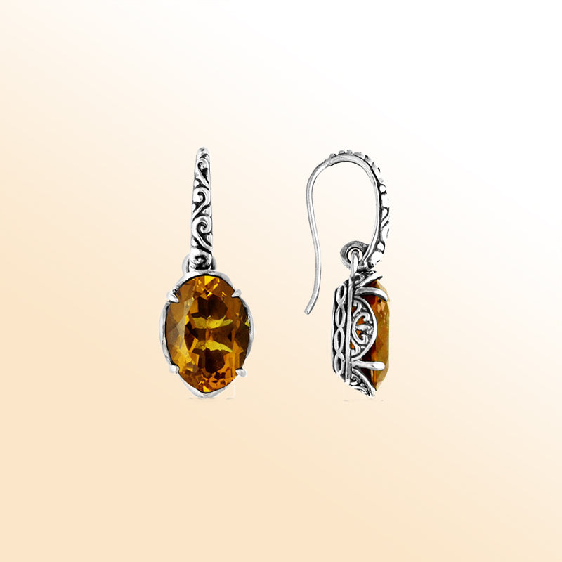 Citrine Quartz scroll-design Sterling Silver oval earrings