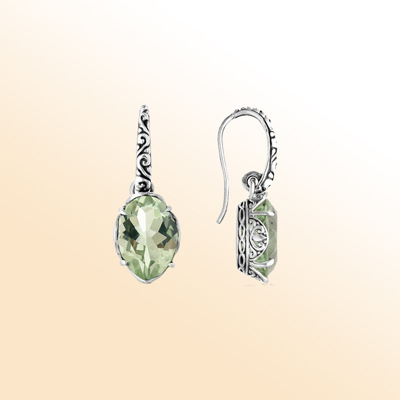 Green Amethyst Quartz scroll-design Sterling Silver oval earrings