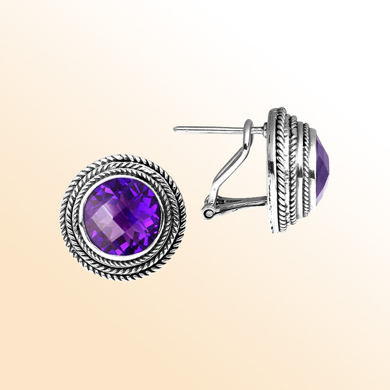 Amethyst Quartz rope-frame Sterling Silver round earrings