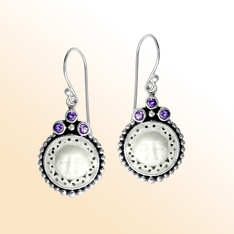 Sterling Silver Celestial Bone Face Earrings With Amethyst Quartz