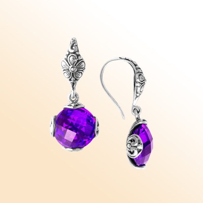 Amethyst Quartz floral Sterling Silver sphere earrings
