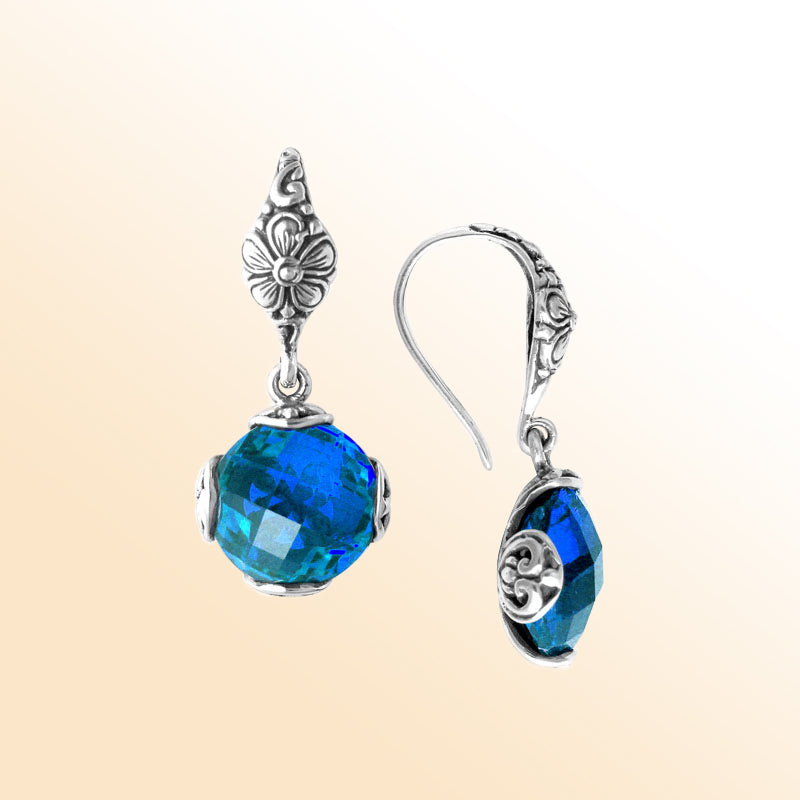 Blue Topaz Quartz floral Sterling Silver sphere earrings