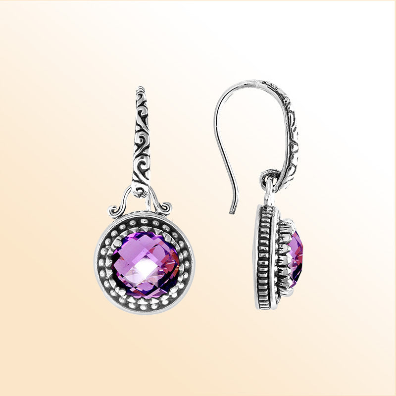 Amethyst Quartz beaded Sterling Silver round drop earrings