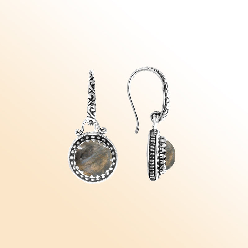 Sterling silver artisan earrings with round Labradorite Quartz and handcrafted detailing.