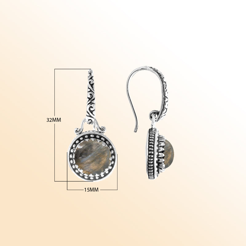 Sterling silver artisan earrings with round Labradorite Quartz and handcrafted detailing.
