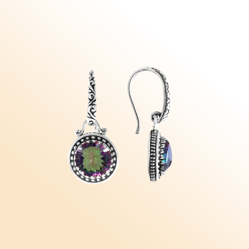 Sterling silver artisan earrings with round Mystic Quartz and handcrafted detailing.