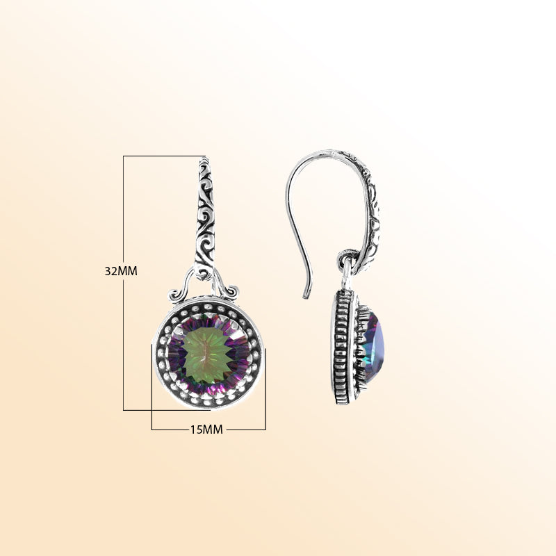 Sterling silver artisan earrings with round Mystic Quartz and handcrafted detailing.