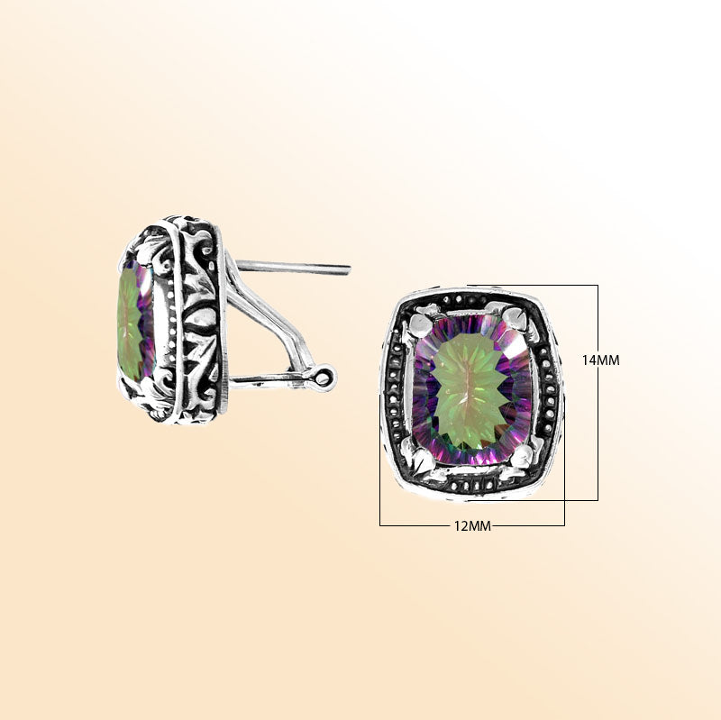 Sterling silver artisan cushion earrings with Mystic Quartz and carved detailing.
