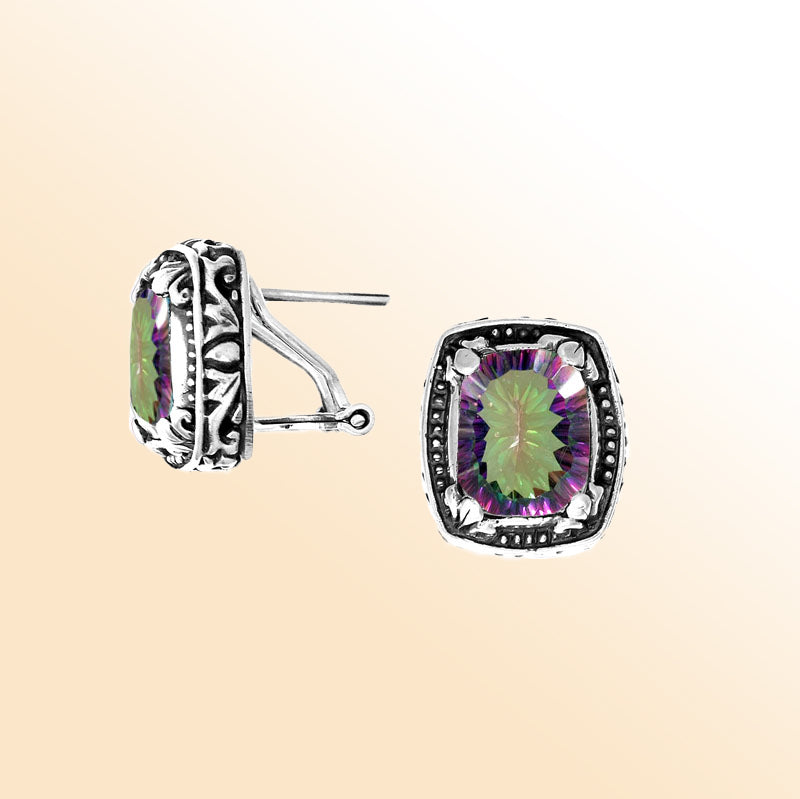 Sterling silver artisan cushion earrings with Mystic Quartz and carved detailing.