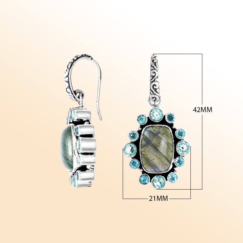 Sterling silver artisan cluster earrings with Labradorite center and Blue Topaz Quartz accents.