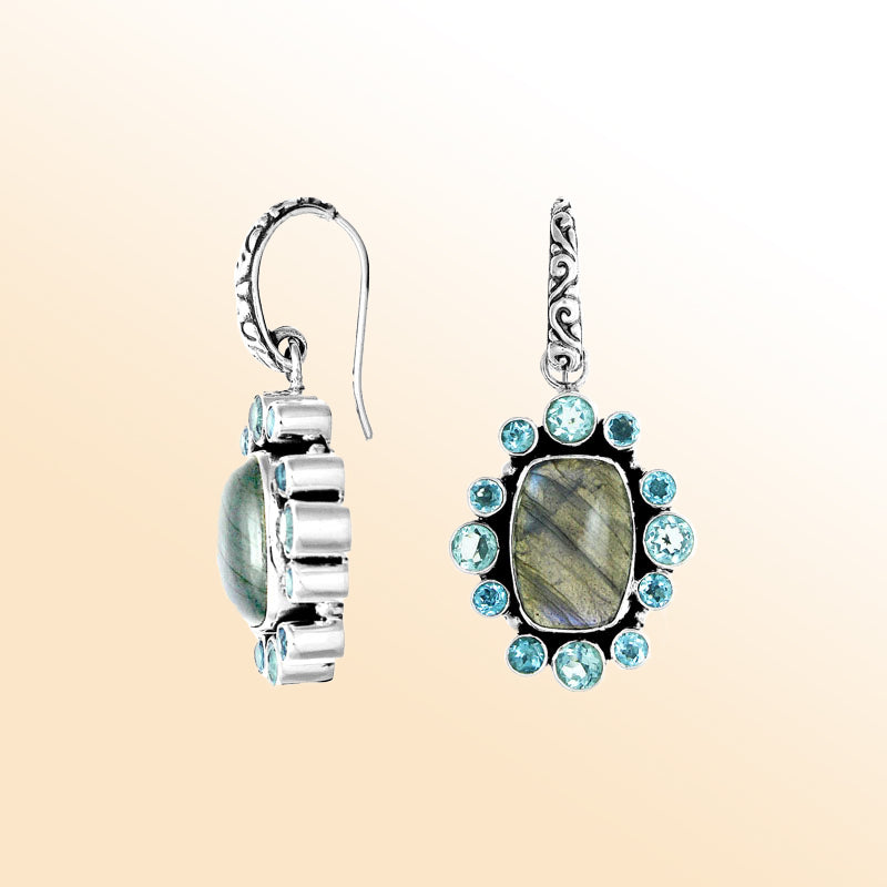 Sterling silver artisan cluster earrings with Labradorite center and Blue Topaz Quartz accents.