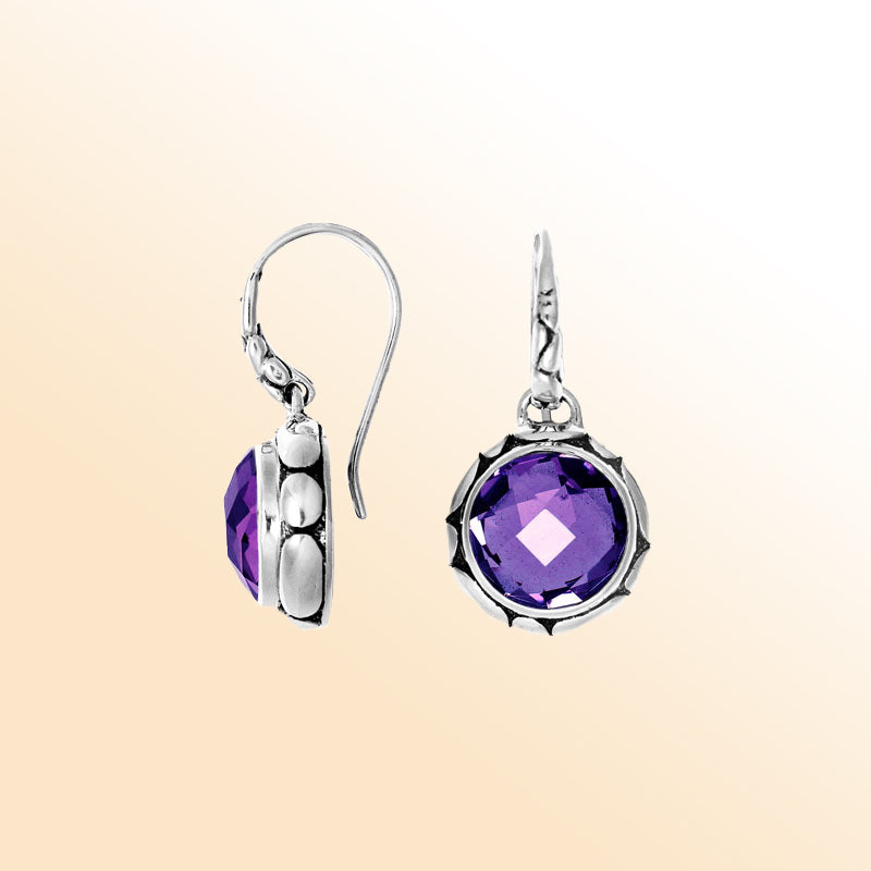 Sterling silver artisan earrings with round Amethyst Quartz and polished sculpted detailing.