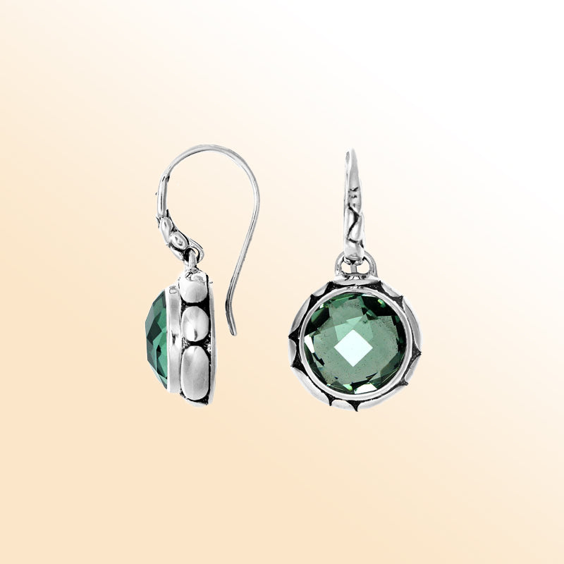 Sterling silver artisan earrings with round Green Quartz and sculpted bezel accents.
