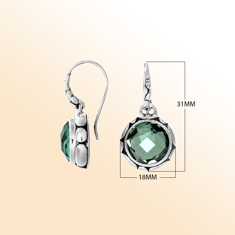 Sterling silver artisan earrings with round Green Quartz and sculpted bezel accents.