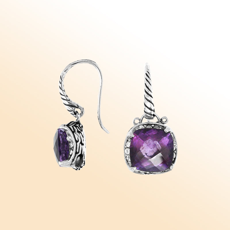 Sterling silver artisan earrings with Amethyst Quartz and Cubic Zirconia in a cushion-style design.