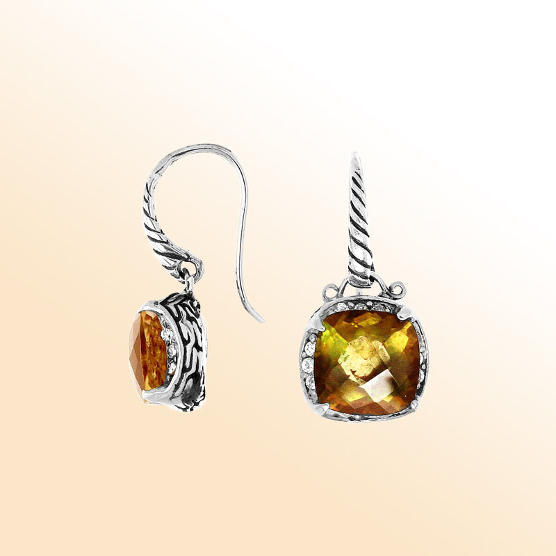 Sterling silver artisan cushion earrings with Citrine Quartz and Cubic Zirconia accents.