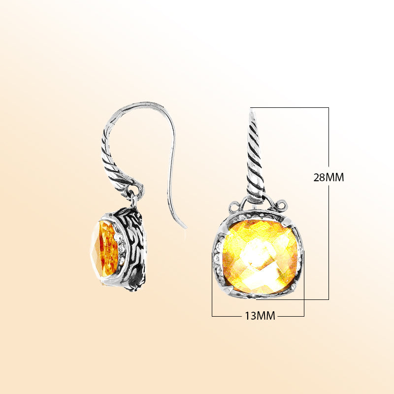 Sterling silver artisan cushion earrings with Lemon Quartz and Cubic Zirconia accents.